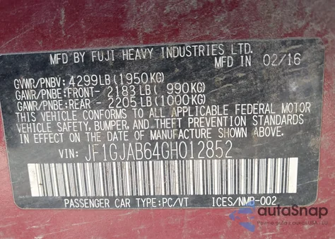 2016 Subaru Impreza 2.0I Premium z USA, uszkodzony, nr VIN JF1GJAB64GH012852